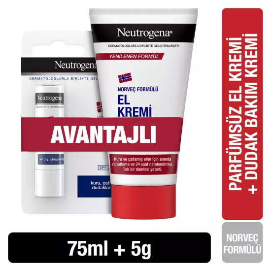 Neutrogena El Kremi Parfümsüz 75 Ml + Dudak Nemlendirici 4,8 gr